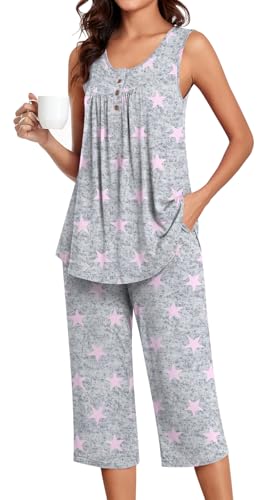 Image of Bestbee Women's Sleeveless Pajama Sets 2 Piece Sleepwear Summer Lounge Outfits Henley Tanks Capri Pants Ladies Pjs
