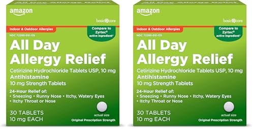Image of Amazon Basic Care All Day Allergy,Cetirizine Hydrochloride Tablets,10 mg,24-Hour Relief for Sneezing,Runny Nose,Itchy Eyes&Throat,Indoor&Outdoor Allergy Relief,30 Count (Packaging may vary)(Pack of 2)