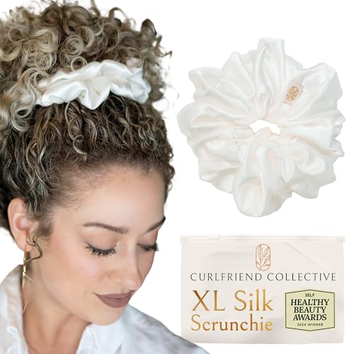 Image of Silk Scrunchies for Women Ponytail Holders - Oversized Mulberry Silk Scrunchies - Extra Large No Damage Hair Ties for Curly, Thick, and Thin - Hair Accessories for Women - White, XL By Curlfriend