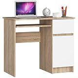 AKORD Bureau Informatique d'ordinateur Piksel | Tablette Clavier | Droit | Desk | 1 Tiroir et 1 Compartiment avec Porte | Table d’étude | L90 x H77 x P50 cm | Chêne Sonoma/Blanc