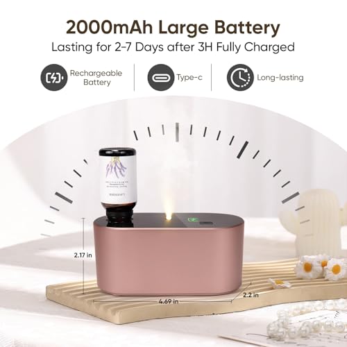 Image of Lecdura Waterless Diffuser for Essential Oil, Battery Operated Scent Air Aromatherapy Diffuser, Mini Aroma Diffusers with 3 Intermittent Mist Modes, Cycle Start for Home Office Bedroom - Rose Gold