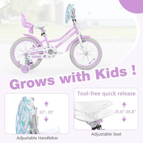 Image of Olakids Kids Bike, 12 14 16 18 20 Inch Girls Bicycle with Doll Seat Basket Adjustable Seat and Handlebar, Handbrake and Coaster Brake