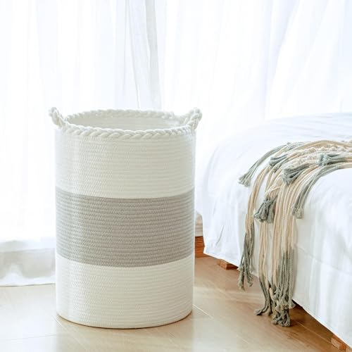 Image of ALBY Woven,Tall Wicker Laundry Basket for Blankets,Clothes,Pillows,Toys,Shoes Large Cotton Laundry Hamper for Bedroom Living Room Bathroom Nursery (58L / Large 15 inchD x 20 inchH, GreyA)