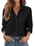 Zeagoo Camisas Negra Mujer Larga Camisas de Flores Cuello Mao Camisa Elegante Abotonada Básica Antiplanchado para Primavera Verano Camisas de Negocios Negro S