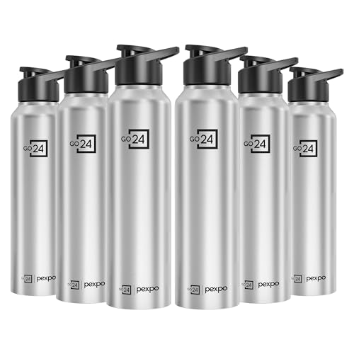 Image of Water Bottle 1 ltr Go24 Stainless Steel Sports /Fridge Bottle with Sipper Cap (Pack of 6)| Single Wall | For Home, Office, Gym, Travelling | Lightweight | Craft Pro 950ml | Silver