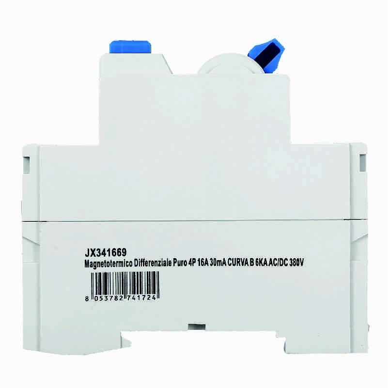 Interruttore Differenziale Puro Magnetotermico 4P 16A 30mA CURVA B 6KA AC/DC 380V 30mA CURVA B per Guida DIN - 4 Moduli DIN - Protezione Circuiti e Sicurezza Impianti