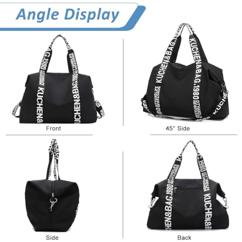 Image of PALAY Travel Bag Black Oxford Cloth Gym Bag Waterproof Letter Print Strap Crossbody Bags Large Capacity Zip-up Mommy Duffle Bags for Travelling