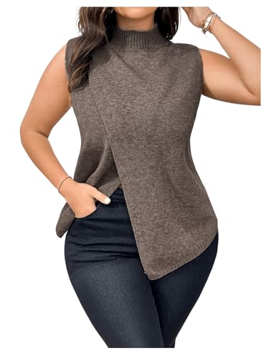 OYOANGLE Women's Plus Size Mock Neck Wrap Hem Sweater Vest Sleeveless Split Asymmetrical Hem Pullover Tops
