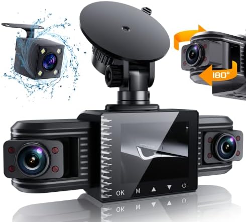 iiwey T1-pro Dash Cam Front and Rear Inside 3 Channel 1080P, Adjustable Lens Dash Camera for Cars with 8 IR Lamps Night Vision, Three Ways Triple Car Camera, Loop Recording, G-Sensor, Parking Monitor