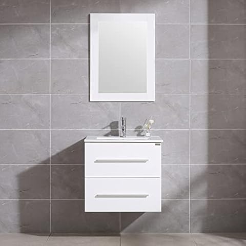walnest 24" White Bathroom Vanity and Sink Set Wall Mounted 2 Drawers Storage Cabinet with Ceramic Vessel Basin Chrome Faucet and Mirror Combo Cover