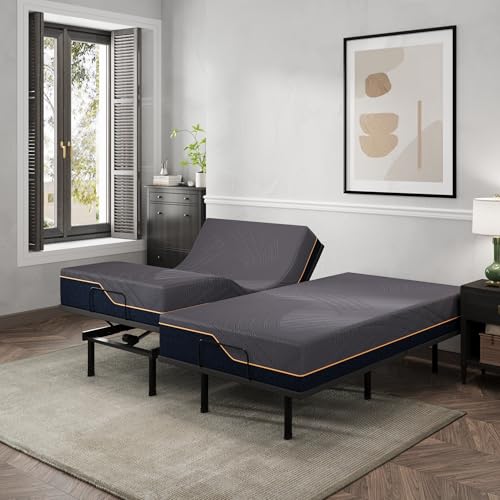 Dyonery Split King Adjustable Bed Base with 14 Inch Copper Memory Foam Mattress CertiPUR-US Certified Fiberglass Free, Head & Foot Incline & Massage, USB Ports, 80' × 76' ×12'