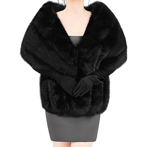 Zhanmai Winter Faux Fur Long Shawl Cloak Stretchy Satin Glove Opera Bridal Dance Gloves for Women Wedding Dress Party Coat (Black)