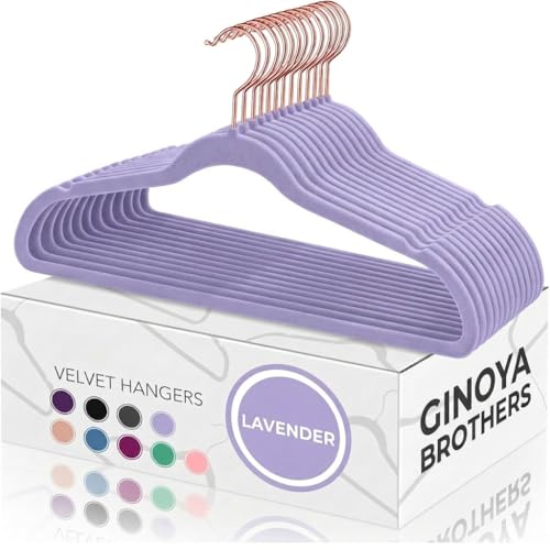 Image of Ginoya brothers Velvet Hangers,Non Slip Notched with Rose Gold Hook Coat /Suit Hangers,Space Saving 360 Degree Swivel Hook Clothes Hangers Wardrobe Hanger. (10, Lavender)