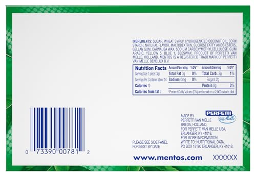 Image of Mentos Candy Chewy Mint Rolls, Spearmint, Non Melting, Party, Concessions, Non Melting, 14 Pieces (Bulk Pack of 15)