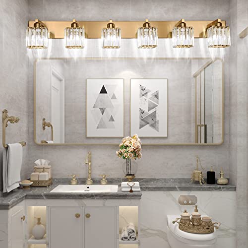 Image of Aipsun Bathroom Vanity Light Brass Crystal Vanity Lighting Fixtures 6 Light Modern Bathroom Lighting Fixtures (Exclude Bulb)