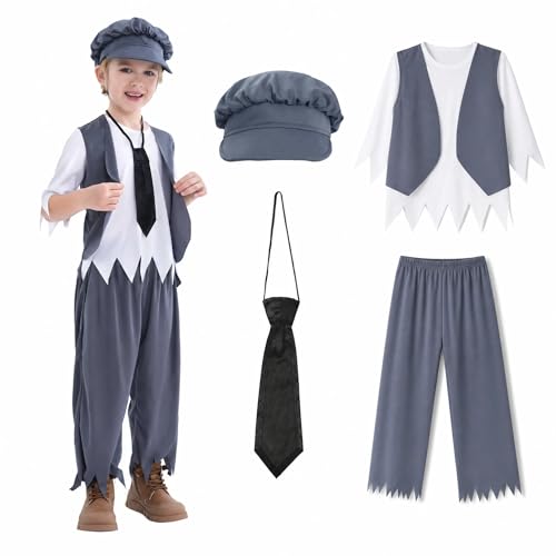 Wizland 4pcs Boys Victorian Costume Outfit with Hat & Tie Grey 6-8 yrs