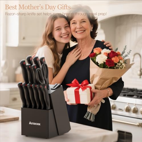 Astercook 15 Piece Knife Set with Sharpener Block - German Stainless Steel, Dishwasher Safe Kitchen Knives with Built-In Sharpener, Black - Image 4