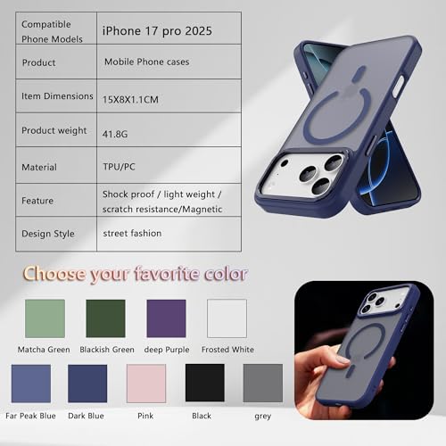 Image of Magnetic for iPhone 17 Pro Phone Case, [Compatible with MagSafe], Screen Protectors X1, [Military Grade Drop Protection],Matte Finish,Slim,Shockproof,Protective (Blue, iPhone 17 PRO)