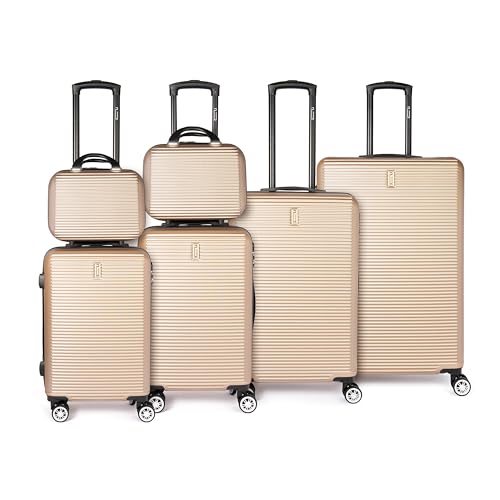 CELIMS - Set Valises Rigides 6 Pièces ABS avec 2 Vanity | Petite Cabine, Cabine, Moyenne, Grande | Bagage Main & Valise Soute 4 Roues 360° Voyage | Champagne