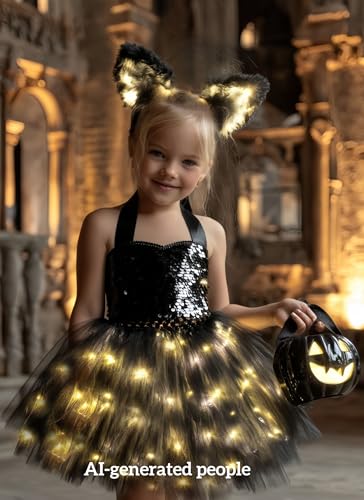Disfraz completo de gato negro con luces LED para niñas miniatura 6