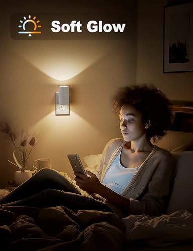 Image of JandCase Night Lights Plug into Wall, Dimmable Night Light Plug in, Modern Night Light Dusk to Dawn Light Sensor, Warm White 3000K, 0-100LM Adjustable Brightness Nightlight for Hallway Bedroom, 2 Pack