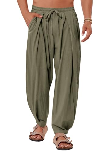 Gafeng Mens Linen Yoga Pants Elastic Waist Drawstring Summer Beach Loose Fit Casual Tapered Trousers, Army Green, X-Large