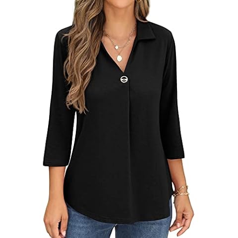 QIXING Womens Summer Dressy Work Shirt 3/4 Sleeve Button Down V Neck Tunic Tops Black-XL Cover