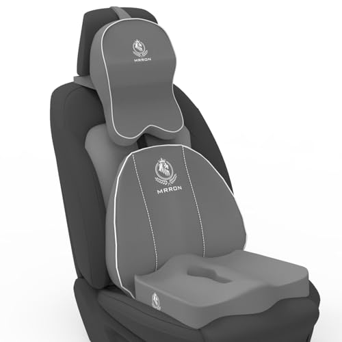 Image of MRRON Memory Foam Car Seat Cushion Combo - Backrest, Coccyx Cushion & Neckrest - Orthopedic Support for Back, Tailbone, Sciatica & Neck Pain - Ergonomic Comfort for Car, Office. (Grey, Spine Support)