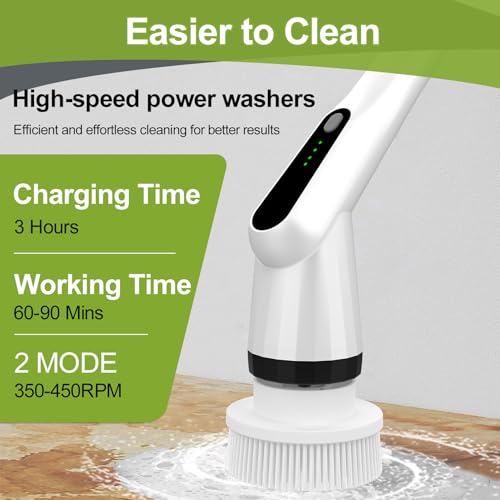 Elektrische Reinigungsbürste, Electric Cleaning Brush mit 7 Wechselbürsten, IPX7 wasserdichte Putzbürste Elektrisch,Verstellbarem Griff Elektrische Bürste für Bad Fliesen Küche Boden Auto Weiß