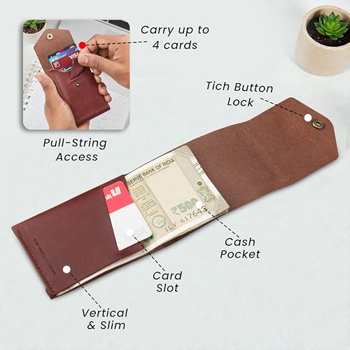 Image of The Wallet Store Flip Genuine Leather Vertical Slim Wallet for Men | Pull-String Quick Card Access | Compact Front Cash Pocket & Button Lock | Minimalist Travel & Daily Carry Wallet (Wine)