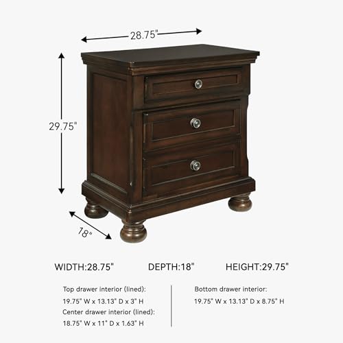 Image of Signature Design by Ashley Porter Traditional Wood Nightstand, Brown | Veneers, wood and engineered wood, 2 smooth-operating drawers, Hidden pull-out tray, Felt bottom, Bun feet