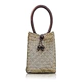 QTKJ Hand-woven Mini Retro Straw Handbag Bag Summer Beach Boho Rattan Tote Travel Bag with Wood...