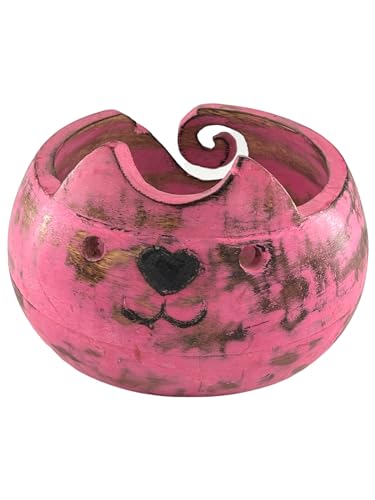Image of Wooden Yarn Bowl for Crocheting Handmade Wool Storage Yarn Bowl with Holes Knitting Gifts for Women Crochet Accessories (5 inch x 3.5 inch - Pink)
