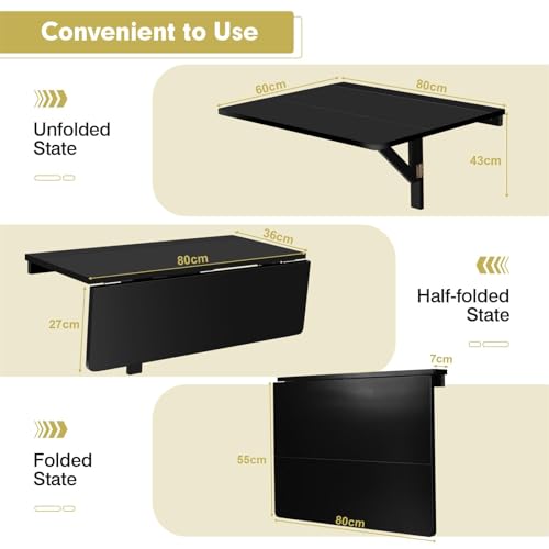 COSTWAY Wall-mounted Drop-leaf Table, Folding Floating Laptop Desk, Space Saving Hanging Table for Study, Bedroom, Bathroom, or Balcony, 80x60CM(Black) 2 COSTWAY Wall-mounted Drop-leaf Table, Folding Floating Laptop Desk, Space Saving Hanging Table for Study, Bedroom, Bathroom, or Balcony, 80x60CM(Black) - Image 2