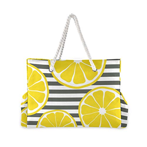 ALAZA Beach Bag, Summer Fresh Lemons and Black White Stripe Travel Tote Bags for Camping, Exercise2