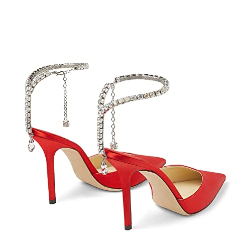Image of LauraVicci Women's Heeled Sandals Crystal Chain Ankle Straps Rhinestones Buckle High Heels Stiletto Slip On Wedding Party Satin Dress Shoes