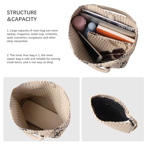 Image of Woven Bag for Women, Large Neoprene Tote Bag Summer Beach Handbag Purse Retro Handmade Travel Shoulder Bag Set