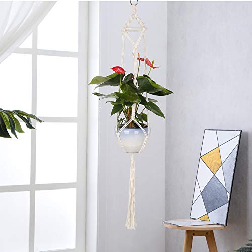 MengH-SHOP Macrame Plant Hangers Katoen Touw Opknoping Planter Mand Wit Bloem Pot Hanger met Ophanghaken voor Indoor Outdoor Decor 3 Pack - Afbeelding 4