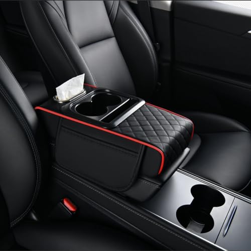 Reposabrazos para coche, compartimento de almacenamiento de cuero sintético, organizador multifuncional para reposabrazos, bolsillos para consola central (negro)