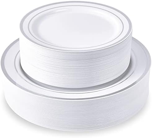 JollyPack 100 Piece Silver Plastic Party Plates, Disposable Plastic Plates with Silver Rim, Include 10.25'' Disposable Dinner Plates 50pcs and 7.5" Dessert Plates-Premium Party&Wedding Plates