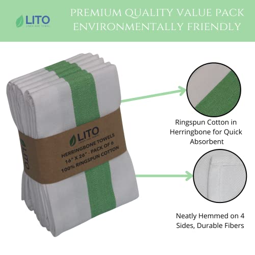 Lito Linen And Towel Kitchen Towels | 100% Cotton Dish Towels Premium Quality | 16"X26" Herringbone Green Stripe 6-Pack | Hand Towels, Tea Towels, Dish Cloth| Highly Absorbent Bar Towels #TOP1