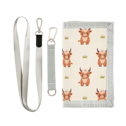 JHKKU Cute Highland Cow Trifold Wallets for Kids Boys Girls, Outdoor Sports Wallet for Teen, with Zipper Coin Pocket Novelty Purse