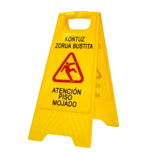 PAMEX Cartel de Suelo Mojado. Señal Plegable Señalización Advertencia Mojado Color Amarillo. Advertencia Superficie Resbaladiza. En Castellano y Euskera