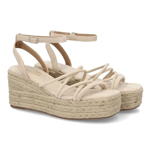 shoes&blues.es 104138 Sandalia de Cuna para Mujer con Diseno de Tiras Finas entrelazadas, Plataforma Forrada en Yute Ideal Verano, Suela Ligera y Flexible, Cierre de Hebilla Ajustable. Beige Talla 37