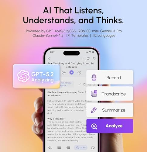 RECOLX AI Voice Recorder & Transcriber with GPT-5.2 Analysis – 30-Hour Recording, 112-Language Speech-to-Text & Auto Summary for Meetings, Lectures & Interviews, Cyber Gray — view 2