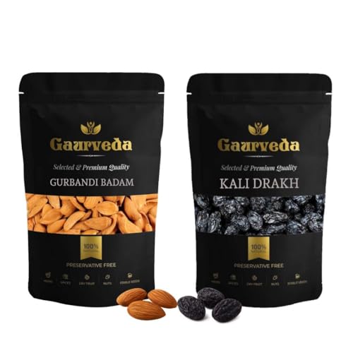 Image of GAURVEDA Gurbandi Almonds & Kali Drakh Combo | Premium Dry Fruits | Healthy Snack | Boost Energy & Immunity | Natural Sweetness | 100 Grams