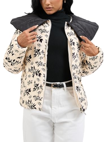 CUFEZN Quilted Puffer Jacket for Women: Beige Floral Print with Peter Pan Collar, Small Size, Cozy and Chic Outerwear - Image 7