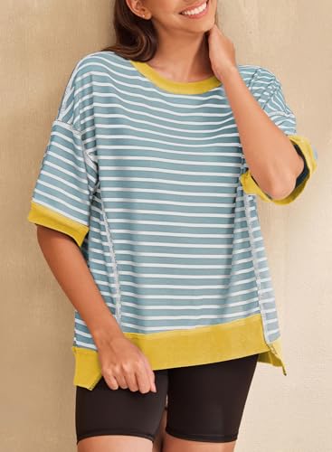 Image of SHEWIN Womens Tops Casual Short Sleeve Sweatshirt Crewneck Striped Shirt Pullover T Shirts Loose Blouses