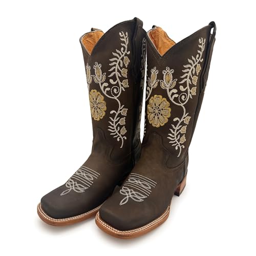 Women’s Genuine Leather Brown Square Toe Western Floral Embroidered Cowgirl Boots Mid Calf2