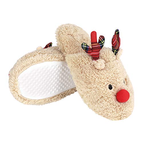 Xmas Buffalo Plaid Reindeer Antler Women’s Fluffy Plush Slip On Cotton Slippers Non-Slip Indoor House Warm Fuzzy Spa Slippers2